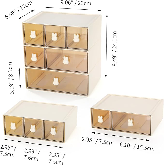 OSteed Desktop Drawers, Desk Organizer with 6 Drawers & Bunny Handles, Stackable Craft Storage Box for Home Collection, Cosmetics, Office Supplies (3 Tiers, Cream & Clear)