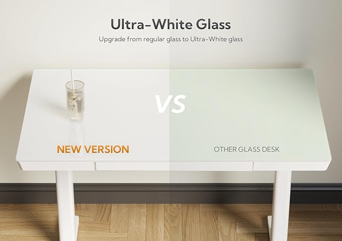 Claiks Glass Standing Desk with Drawers, 48×24 Inch Adjustable Stand Up Desk, Quick Install Home Office Computer Desk with USB Ports, White