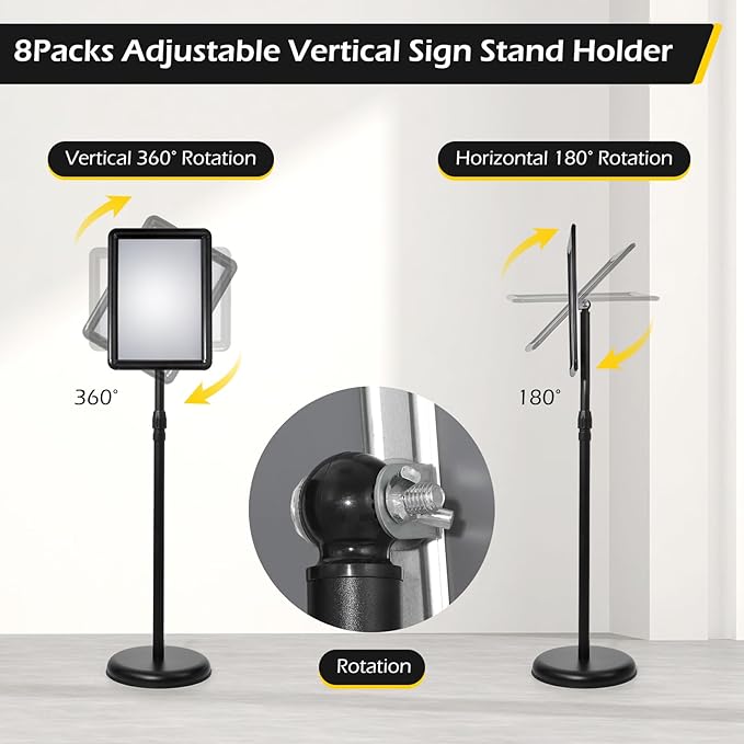 Dyna-Living Sign Stands for Display 8.5 x 11 Inch, 8 Packs Adjustable Sign Holder Stands, Pedestal Sign Holder with Heavy Duty Base for Sign Standing Display, 360° Rotation Floor Standing Sign Holder