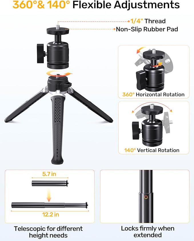 Webcam Tripod Stand for Desk, 3 Level Extendable Camera Tripod Mount for Logitech Webcam C920 C922 C922x C925e C930 C930e C615 Brio 4K NexiGo N60 and More, Camera and Phone Holder with 1/4" Thread