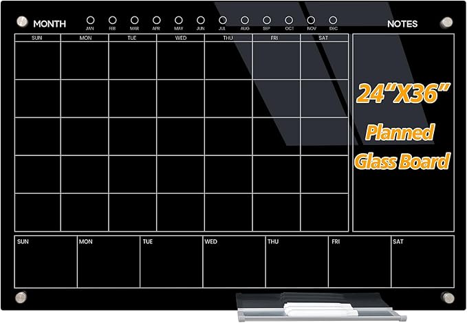 JYYPWB Magnetic Glass Whiteboard 36X24 Monthly Planner Calendar Dry Erase Board for Home, School, Office, Frameless, with Markers, Marker Tray, Eraser, Magnets (Black)