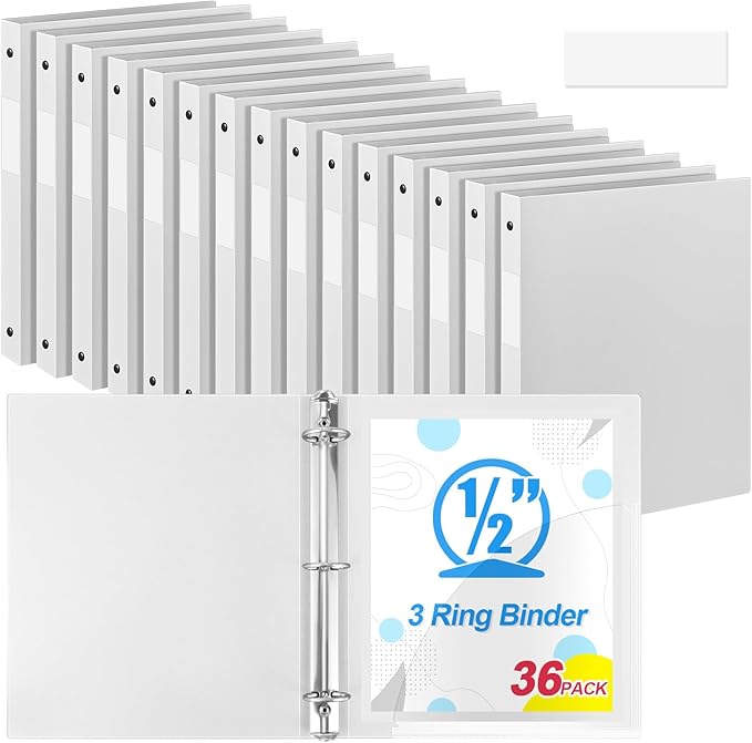 Henoyso 36 Pcs 3 Ring Binder 0.5 Inch Round Fits Letter Size 8.5'' x 11'' Paper Plastic Flexible Binder Bulk Holds 140 Sheets with 1 Pockets Versatile Organizer for Home Office School (White)
