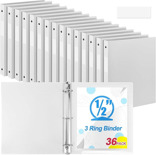 Henoyso 36 Pcs 3 Ring Binder 0.5 Inch Round Fits Letter Size 8.5'' x 11'' Paper Plastic Flexible Binder Bulk Holds 140 Sheets with 1 Pockets Versatile Organizer for Home Office School (White)