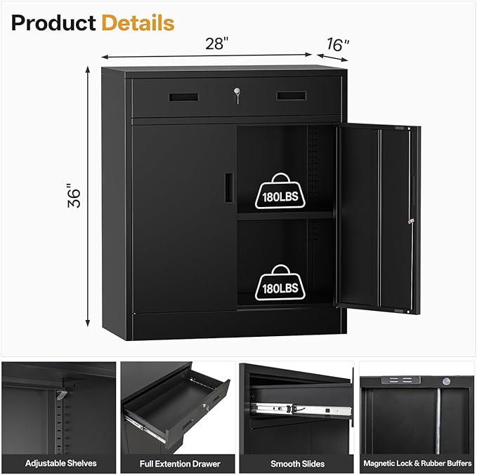 TaskStorz Metal Storage Cabinet 36" H, Garage Storage Cabinet with 2 Lockable Doors and 1 Drawer, Steel File Cabinets with Adjustable Shelves for Home Office, Garage, School, Apartment, Warehouse