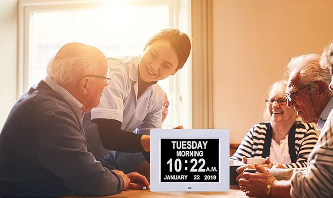 TMC 8 Inch Dementia Clock for Seniors - Medication Reminders, 12 Custom Alarms, Auto-Dimming Large Display Digital Calendar with Multi-Language Support USB Photo & Video Playback, Wall or Desk Mount