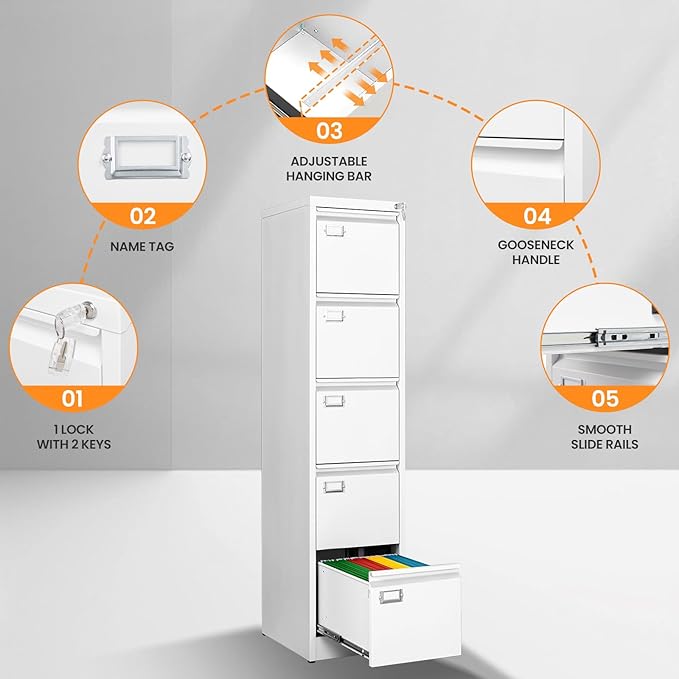 AFAIF 5 Drawer File Cabinet with Lock, Metal Filing Cabinets for Home Office, Vertical White Locking File Caninet, Steel Narrow Five Drawer File Cabnet for Letter/Legal / A4 / B4- Assembly Required