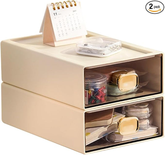 DETEIN 2PACK Stackable Desktop Storage Organizer Plastic Desk Organizer with Drawer Stacking Drawer for Pantry, Locker, Makeup, Vanity, Garage and Small Organization(M - 1 Drawer, Cream White)
