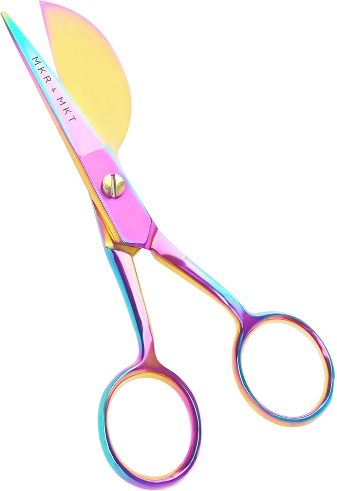 MAKER AND MARKET Small Embroidery 4.5 Inch Scissors Set of 2 Kit - Mini Double Bend Offset Duckbill and Double Bend Long Applique Needlepoint Blade with Pouch Sleeve (Rainbow)
