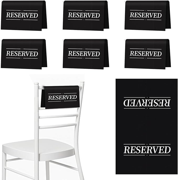 6 Pcs Reserved Seating Signs Reserved Chair Sign Printed Placeholder for Church Pew, Wedding, Party Events (Black and White, 6 Pcs)