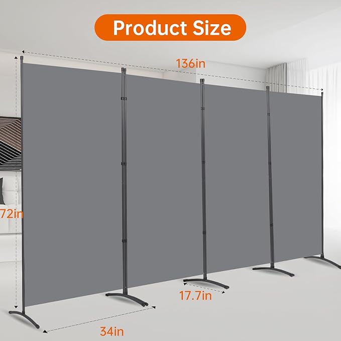 Room Divider 6FT Folding Privacy Screens, 4 Panel Partition Room Dividers w/Freestanding Design, Portable Wall Divider for Room Separtation, Fabric Screen Panel for Home Office Bedroom Dorm