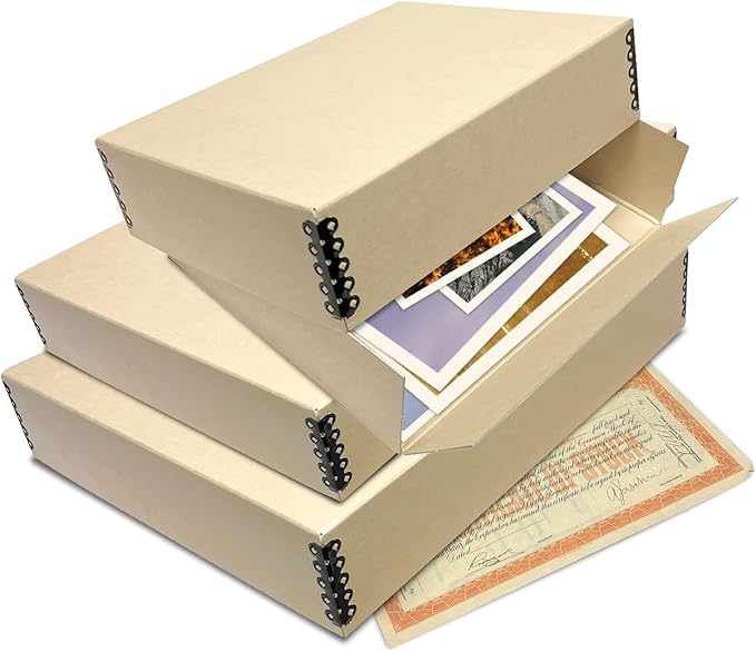 Lineco Museum Archival Storage Box, 11.75x15.25x3 in. Drop Front Design. Acid-Free with Metal Edge. Organize Photos, Pictures, Prints, Documents, Crafts, DIY. Tan, 2 Pack