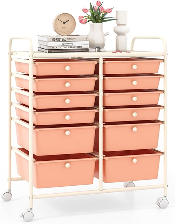 LDAILY 12 Drawer Rolling Storage Cart, Craft Cart Organizer on Wheels w/Metal Frame, Large Capacity & Smooth Drawer, Rolling Cart w/Drawers for Classroom, Office