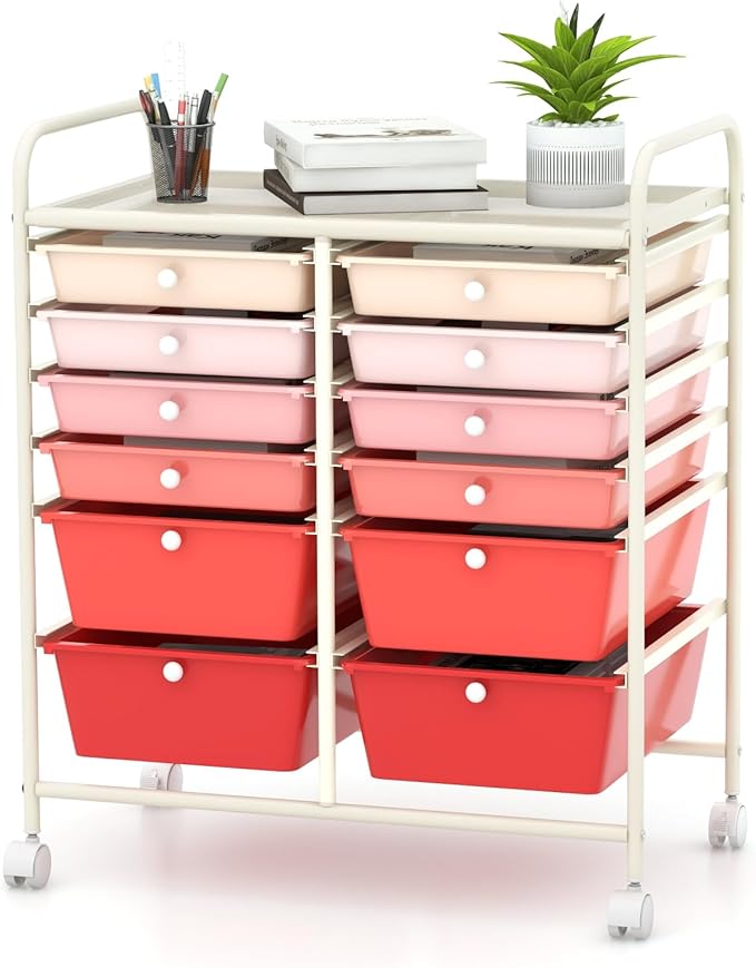 Happygrill 12-Drawer Rolling Storage Cart, Multipurpose Organizer Cart for Home Office School, Utility Cart with Wheels (Gradient Pink)