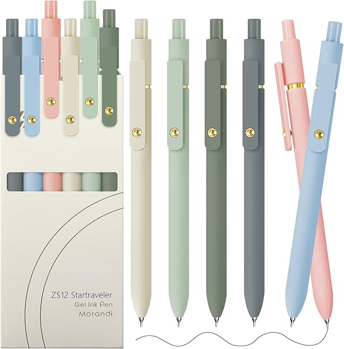 UIXJODO Gel Pens, 6 pcs 0.5mm Black Ink Pens Gold Morandi Barrel Fine Point Smooth Writing Pens Quick Dry Pen for School Office Supplies, Gifts for Girls Women