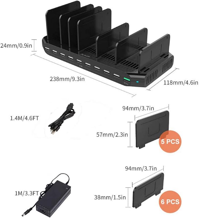 Alxum USB Fast Charging Station with Quick Charge 3.0, 10 Port Charging Stand for Multiple Devices, Compatible with iPad, iPhone, Samsung Galaxy, Black