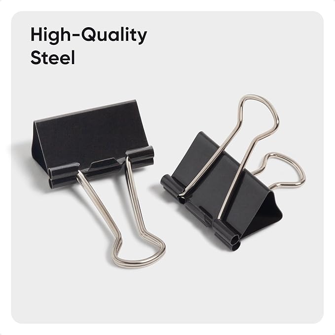 U Brands Binder Clips, Medium 1-1/4" Width, 1/2" Paper Holding Capacity, Black and Silver Steel, 96-Count