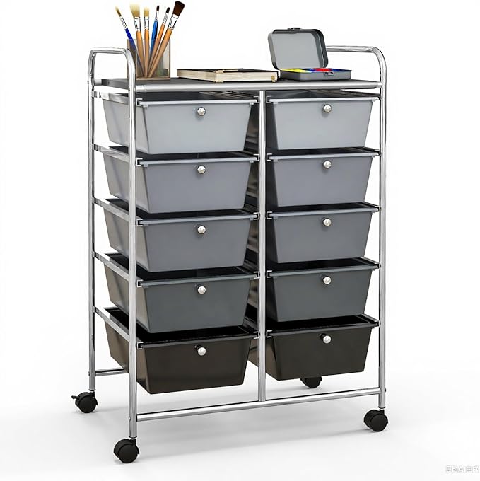 GLACER 10 Drawer Rolling Cart, Storage Cart with Lockable Whieels & Metal Frame, Trolley for Art Craft Oganizer, Mobile Utility Cart for Office, School, Classroom, Kitchen (Black Gradient)