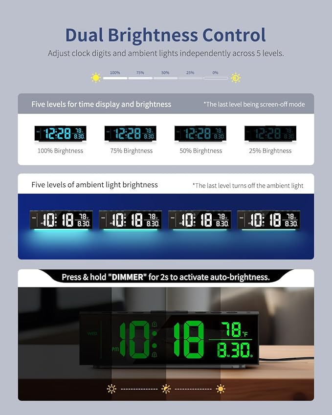 Digital Clock, Alarm Clock for Bedroom, Digital Wall Clocks for Classroom, Living Room Decor, Desk Clock Large Display, 13 Number Display Colors, 12 Ambient Light Colors, Auto Dimming, DST (Black)