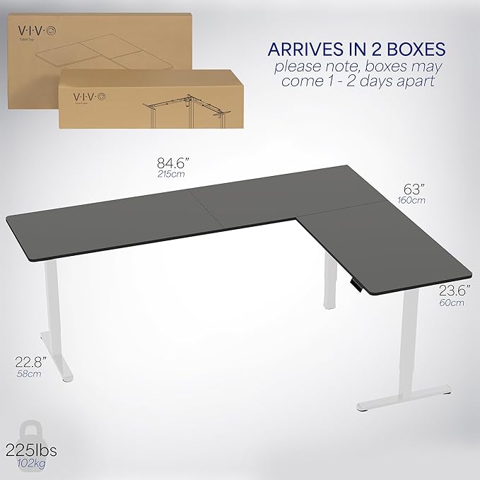 VIVO Electric Corner 84 x 63 inch L-Shaped Standing Desk, Memory Height Adjustment, Black Top White Frame, DESK-E3CTWB-84