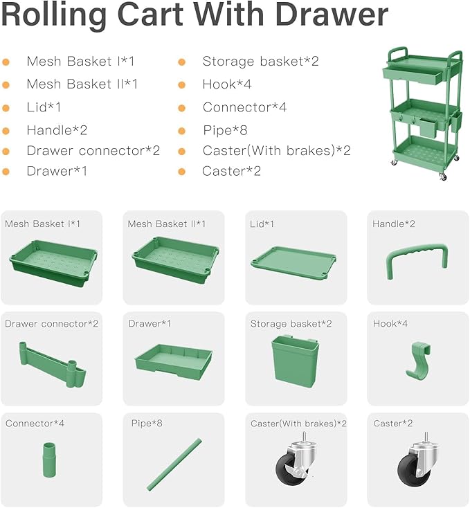 Sorgion 3 Tier Rolling Cart Organizer,Laundry Room Bathroom Organizers and Storage Office Shelves Mobile Shelving Unit Kitchen Trolley Cart with Wheels for Art,Craft,Diaper,Bedside,Snack(Green)