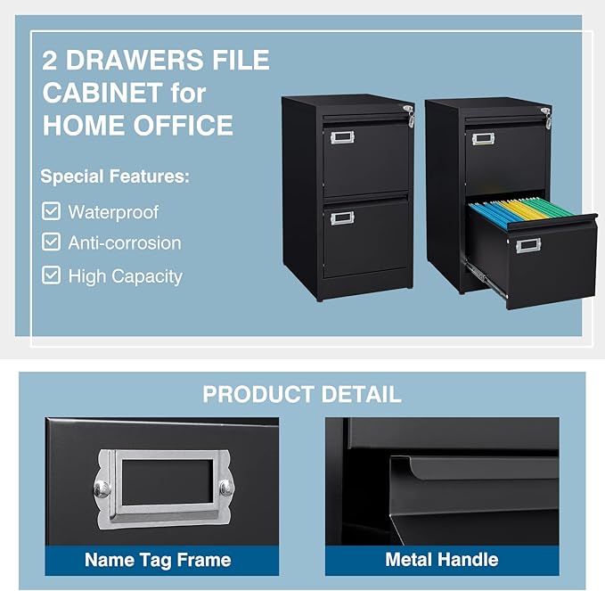 PEUKC 2-Drawer File Cabinet, 16.3" Deep Vertical Metal Filing Cabinet with Lock for Home Office, Anti-Tip 2 Storage Drawers for Letter/Legal/A4/F4 Size (Assemble Required, Black)