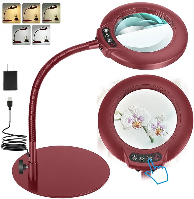 IVMAIE 10X Magnifying Glass with Light, Real Glass Lens, 5 Color Modes Dimmable, Flexible Gooseneck Lighted Magnifier with Stand, LED Desk Lamp Hands Free for Crafts Painting Reading Close Work, Red