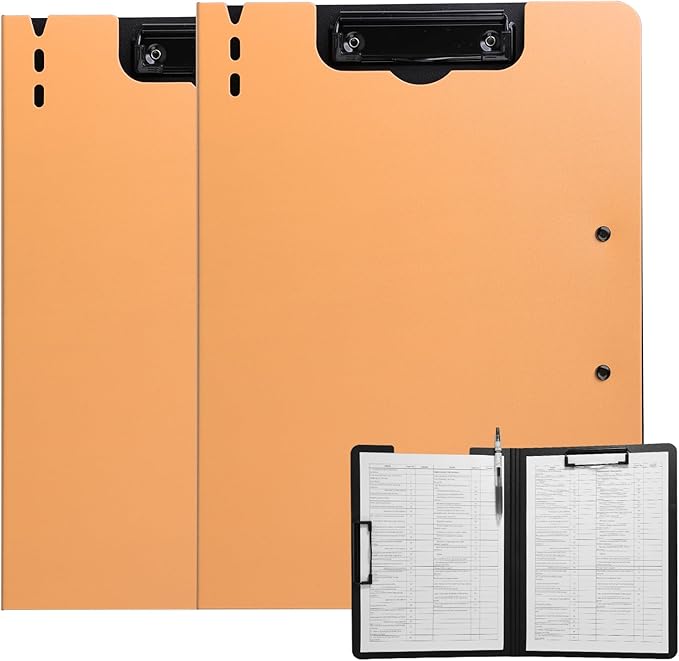 FRETONBA Clipboard Folder, 2 Pcs A4 Foldable Clipboard with Horizontal and Vertical Double Metal Clips, 360 Degree Foldable Binder Clipboards with Pen Holder, File Cover Work Folder Clipboards, Orange