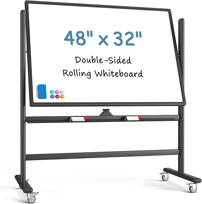 MaxGear Large Black Rolling Whiteboard on Wheels, 48" x 32" Double-Sided Magnetic Dry Erase Board with Stand, Reversible Standing Whiteboard Easel with Aluminium Frame for Office, School, Black