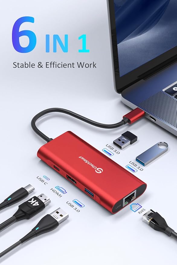UtechSmart USB C Hub, Ethernet Multiport Adapter 6 in 1 USB C to HDMI Dock Compatible for MacBook Pro/Air, Chromebook, Dell XPS, HP and Type C Devices (Gigabit Ethernet 100W PD 4K HDMI USB 3.0) Red