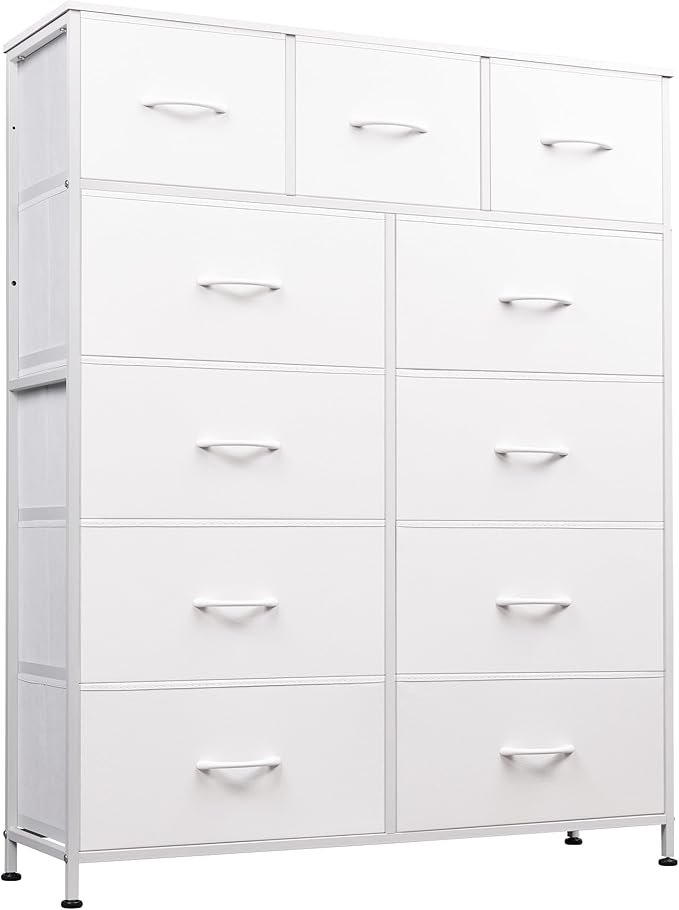 WLIVE Tall Dresser for Bedroom, Fabric Dressers Storage Tower, Dresser & Chest of Drawers Organizer Unit with 11 Drawers, Storage Cabinet, Hallway, Closets, Steel Frame, Wood Top, White