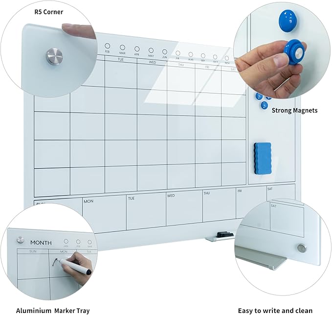 JYYPWB Magnetic Glass Whiteboard 36X24 Monthly Planner Calendar Dry Erase Board for Home, School, Office, Frameless, with Markers, Marker Tray, Eraser, Magnets (White)