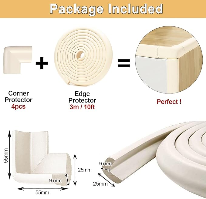 Baby Proof Corners and Edges Protector 10ft Edge+4 Corner Guard, Fireplace Baby Proofing Bumper, Heavy-Duty Soft NBR Foam Edge Corner Protector for Furniture Table, Childsafe/Pre-Taped White