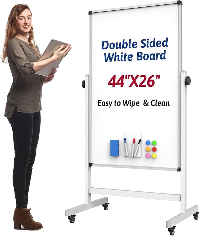 UIFER Rolling Whiteboard, 44 x 26 Double Sided Magnetic Dry Erase Board Height Adjustable Whiteboard on Wheels with Sturdy Aluminum Frame for Home Office Classroom
