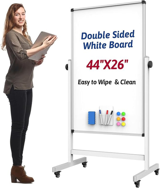 UIFER Rolling Whiteboard, 44 x 26 Double Sided Magnetic Dry Erase Board Height Adjustable Whiteboard on Wheels with Sturdy Aluminum Frame for Home Office Classroom