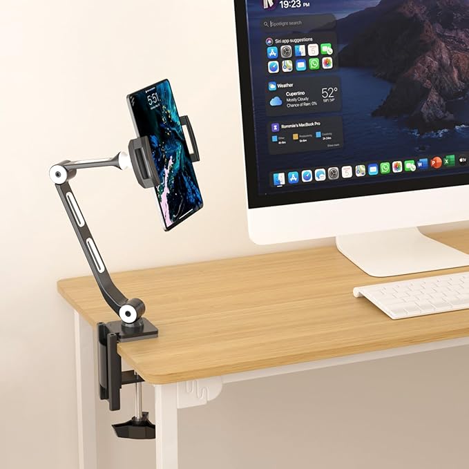 suptek Aluminum Alloy Cell Phone Desk Mount Stand 360° Tablet Stand and Holders Adjustable for iPad, iPhone, Samsung, Asus and More 4.7-11 inch Devices, Good for Bed, Kitchen, Office (YF208B)