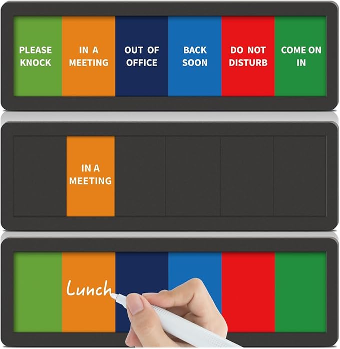 Office Door Signs with 6 Printed Status Options – Do Not Disturb, Out of Office, In a Meeting, Please Knock, Back Soon, Come on in – Includes Custom Personalized Blank Sticker for Privacy Workspace or Studio Available and Away