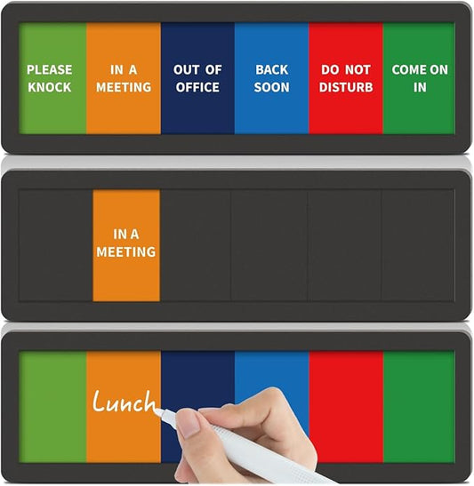 Office Door Signs with 6 Printed Status Options – Do Not Disturb, Out of Office, In a Meeting, Please Knock, Back Soon, Come on in – Includes Custom Personalized Blank Sticker for Privacy Workspace or Studio Available and Away