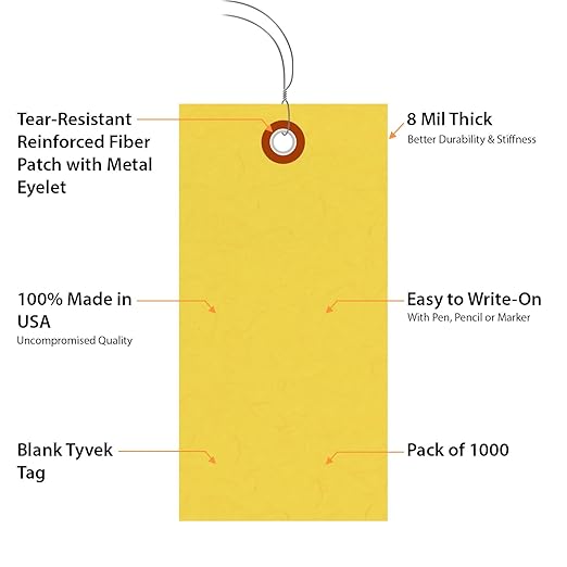 SmartSign “Yellow Tyvek Shipping Tags with Wire”, Size #5, Write on These Tags with a Pen or Marker 4 3/4" x 2 3/8" | Pack of 1000, Made in USA