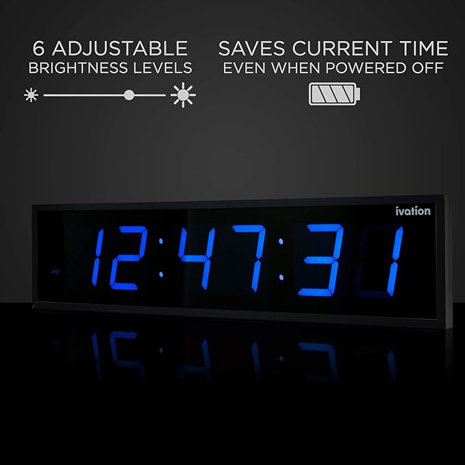 Ivation Huge Oversized 60" Large Digital LED Clock | Big Digital Clock w/Multi-Function Display – Stopwatch, Timer, Alarms, Temp & Date | 6 Brightness Levels, Time Memory & Remote (Blue)