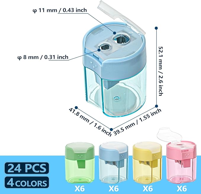 Small Pencil Sharpener for Kids, BOPART 24pcs Colored Pencil Sharpeners Manual Handheld Pencil Sharpener in Bulk for School Classroom Home Office, Dual Holes Sharpener Work on Crayon or Makeup Pencils