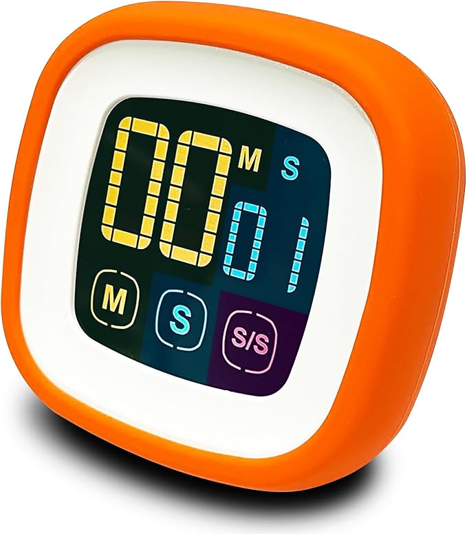 CREAVIVA Digital Kitchen Timer, Countdown, Countup, Protective Rubber case, Large Display with Color Bold Digits, Touch Control, Backlit, Magnetic Kickstand, Loud Alarm, Auto Memory (Orange)