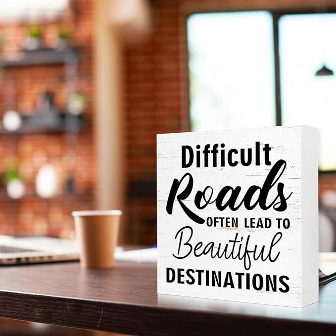 Inspirational Wood Box Sign - "Difficult Roads To Beautiful Destinations" Motivational Message - 5x5x1 Inch Uplifting Home & Office Decor