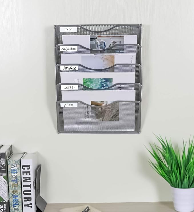 EasyPAG 5 Pocket Mesh Wall File Organizer, Hanging Paper Folder Holder with Classify Label, Vertical Wall Mount Mail Organizer for Office Home Classroom, Silver