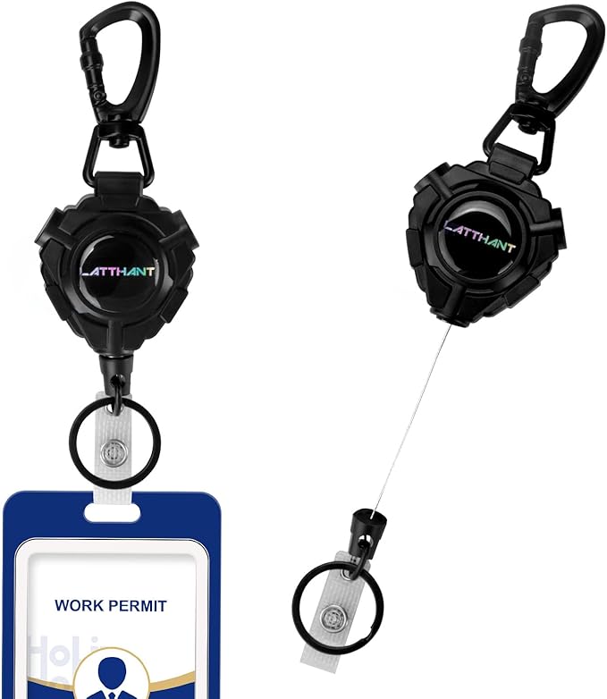 LATTHANT ID Badge Holder Retractable, 2 Pack Heavy Duty Badge Reel with 31.5 inch Steel Cable, 360-Degree Rotating Carabiner Clip for Office ID Cards, Work Security Access, Professional Workplace Use