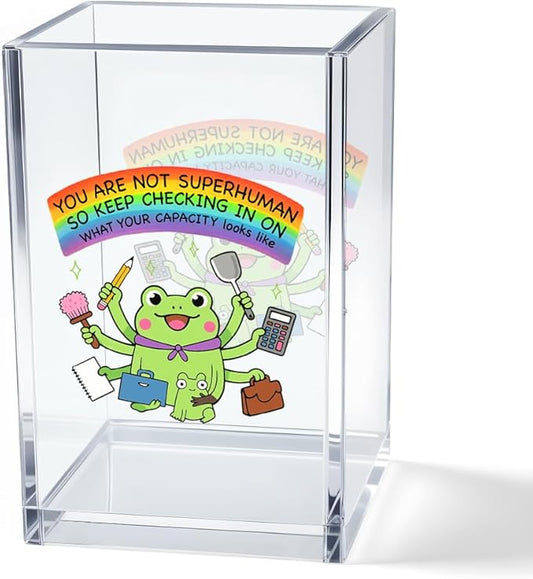 Vgrti You Are Not Superhuman Acrylic Cosmetic Pencil Pen Holder Cup, Boho Cute Frog Desk Organizer Accessory for Home Office Decor, Frog Lovers Gifts, Funny Sarcastic Work Gifts for Women Men Coworker