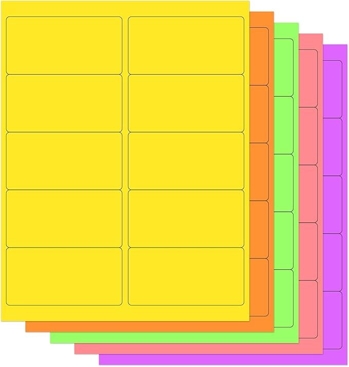 THEBLUETOUCH 2" x 4" Colored Labels Stickers, 5 Bright Colors Assorted Neon Labels for Laser/Inkjet Printers, 250 Printable Address Stickers (25 Sheets)