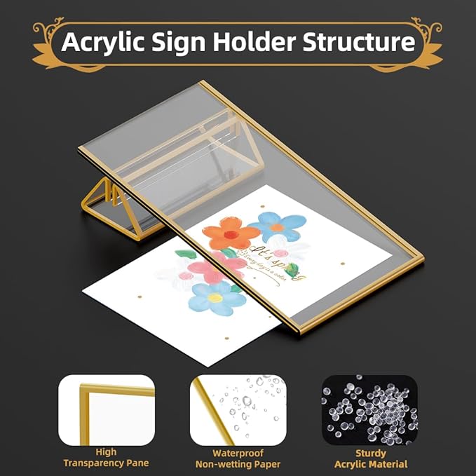 8.5 x 5.5 Acrylic Sign Holder with Gold Frame, Double Sided Display Stand Ideal for Display Wedding Table Numbers, Picture, Flyer Menu Holder, 6 Packs