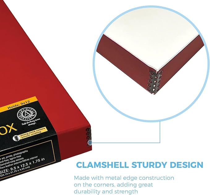 Lineco Folio Storage Box, Faux Leather Cover, Clamshell Design, 9.5x12.5x1.75 Inches, Archival Boxboard, Preserve Photos, Cards, Magazines, Documents, Art, Ephemera, Family Records, Red, Pack of 1