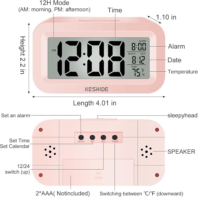 KESHIDE Travel Digital Alarm Clock Battery Operated with Indoor Temperature, Desk Small Clock,Snooze Model,12/24H Display for Bedrooms Heavy Sleepers Kids Travel Bathroom