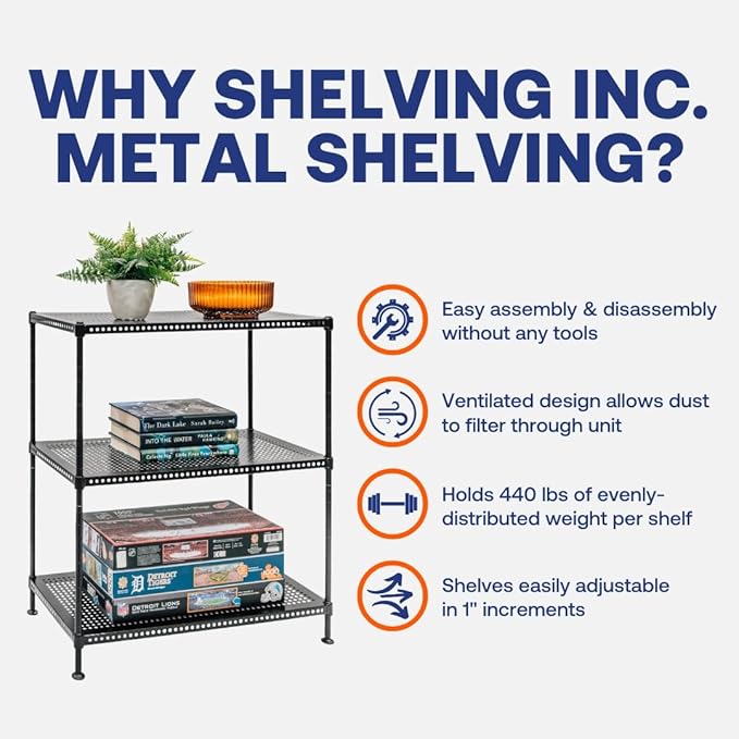 Shelving Inc. 12" d x 24" w x 28" h 3-Tier Perforated Metal Shelving, Standard Duty, Weight Capacity 110 lbs Per Shelf